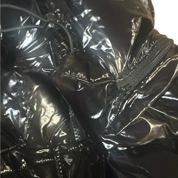 Mono B Faux Leather Jacket Size Large Black Puffer High Neckline Removable Hood - Picture 7 of 13